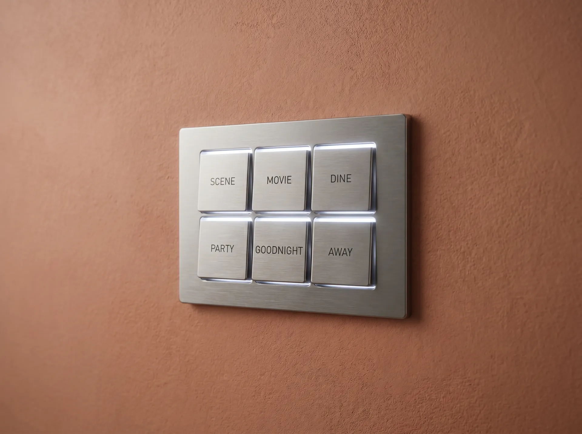 A six-button Control4 keypad on a warm wall labeled SCENE, MOVIE, DINE, PARTY, GOODNIGHT, AWAY