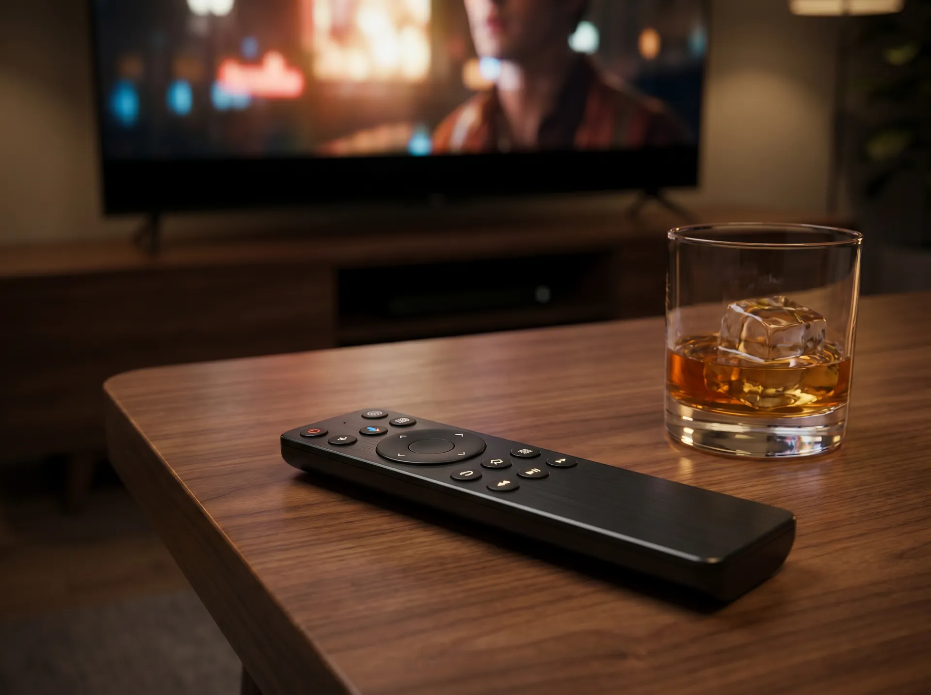 A Control4 smart remote on a walnut table with a glass of whiskey, TV softly glowing in the background